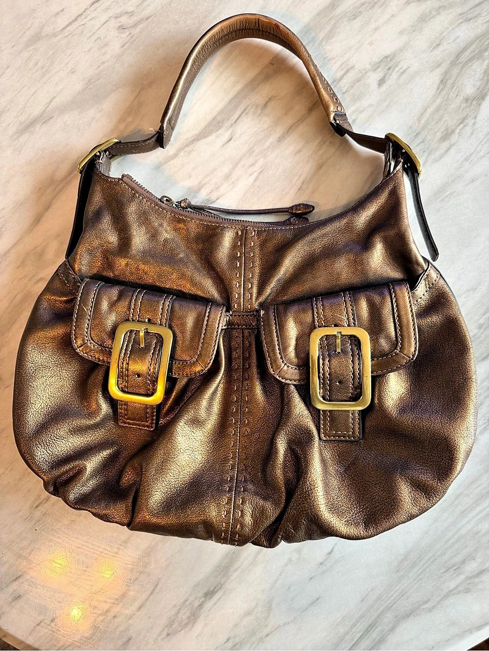 Vintage Cole Haan Leather Hobo Buckle Bag in Metallic Brown